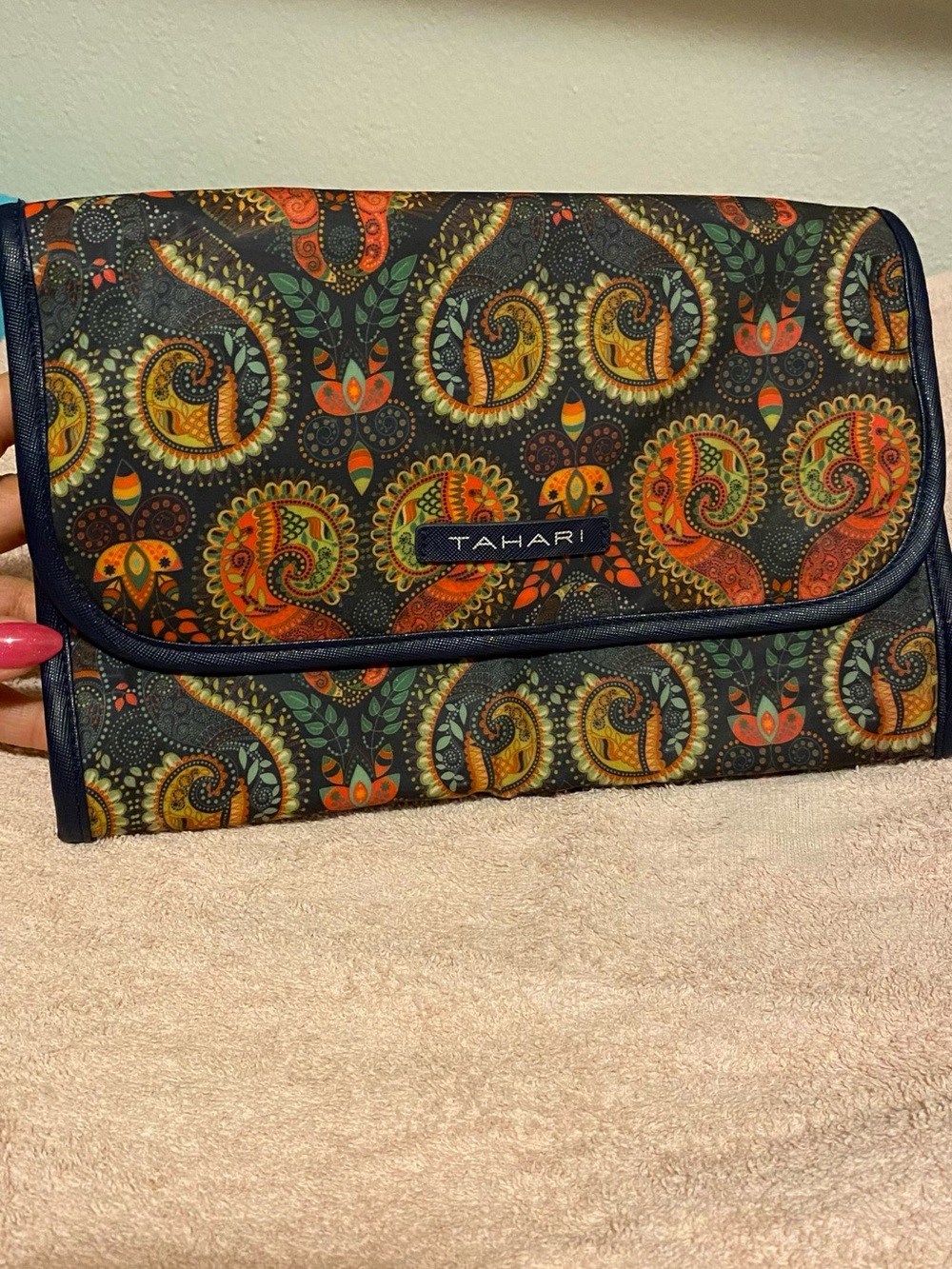 Tahari Black Paisley Fold-Over Travel Pouch with Orange and Green Accents